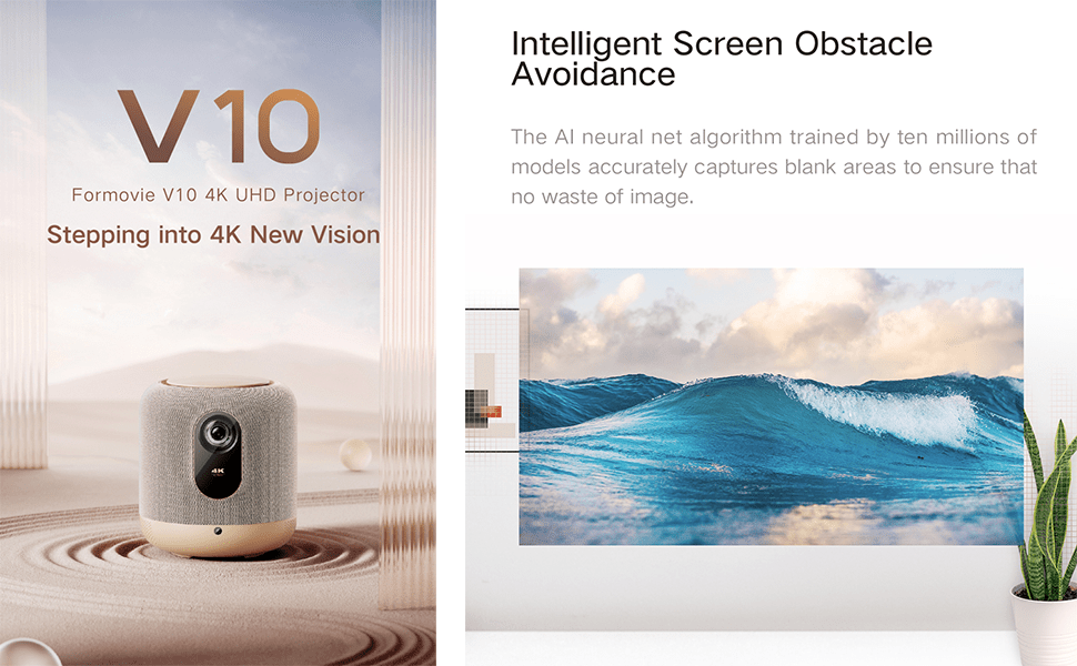 Formovie V10 Projector with Intelligent Screen Obstacle Avoidance using AI neural net algorithm to accurately capture blank areas, ensuring no image waste.