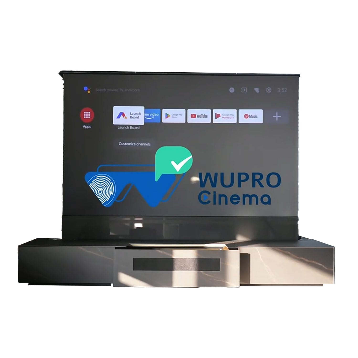WUPRO Cinema Tamaño/material personalizable Mueble de TV láser integrado inteligente motorizado de piedra sinterizada con pantalla ascendente CBSP