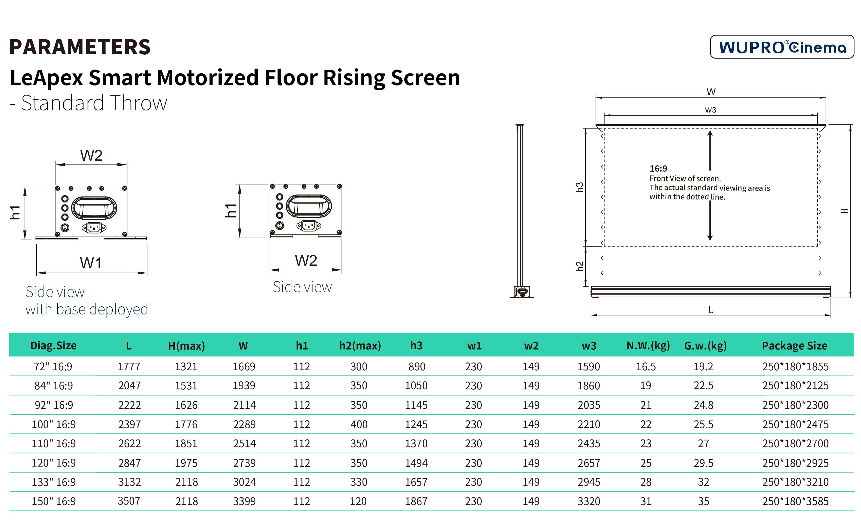 WUPRO Cinema Electric Floor Rising Screen Size Specifications